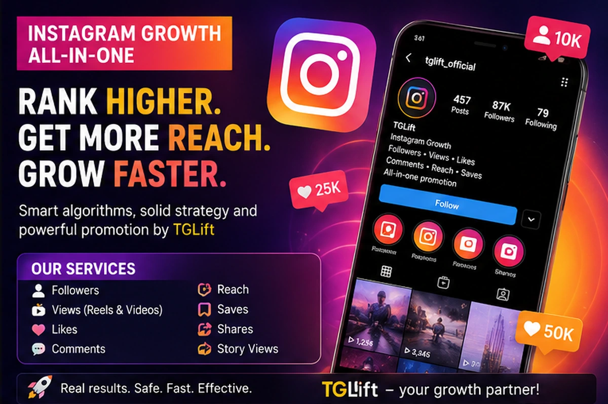TGLift infographic about Instagram promotion with followers, Reels views, likes, comments, saves and reach