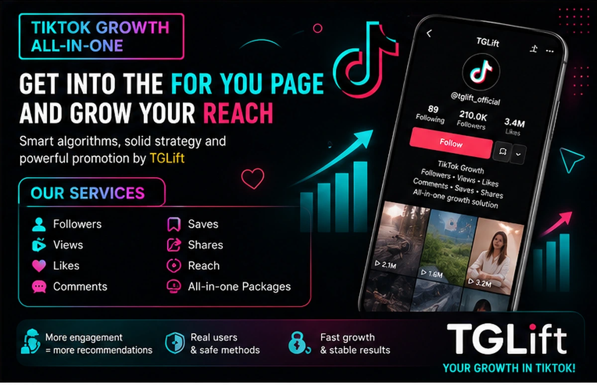 TGLift infographic about TikTok promotion for the For You page with views, likes, comments, followers and reach