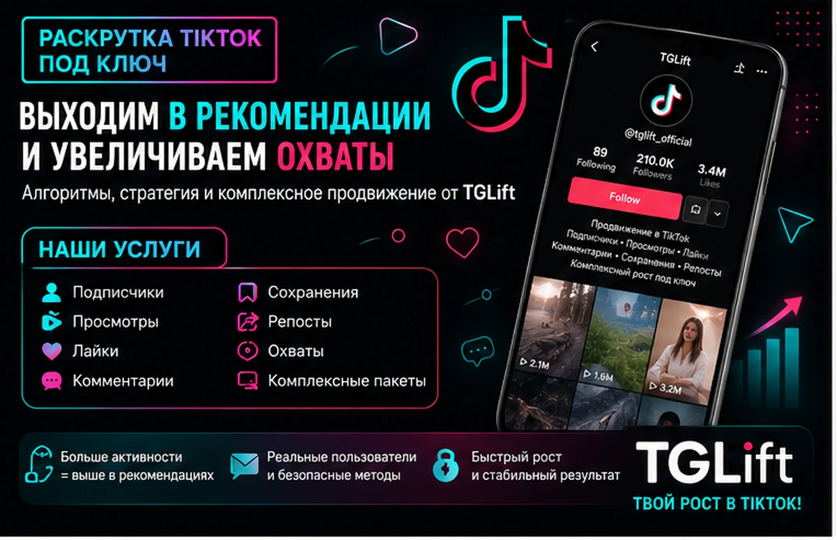 Инфографика TGLift о продвижении TikTok в рекомендации с просмотрами, лайками, комментариями, подписчиками и охватами